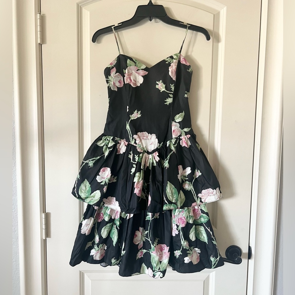 Vintage made in n USA mini black dress with ruffle tiers and Rose floral print